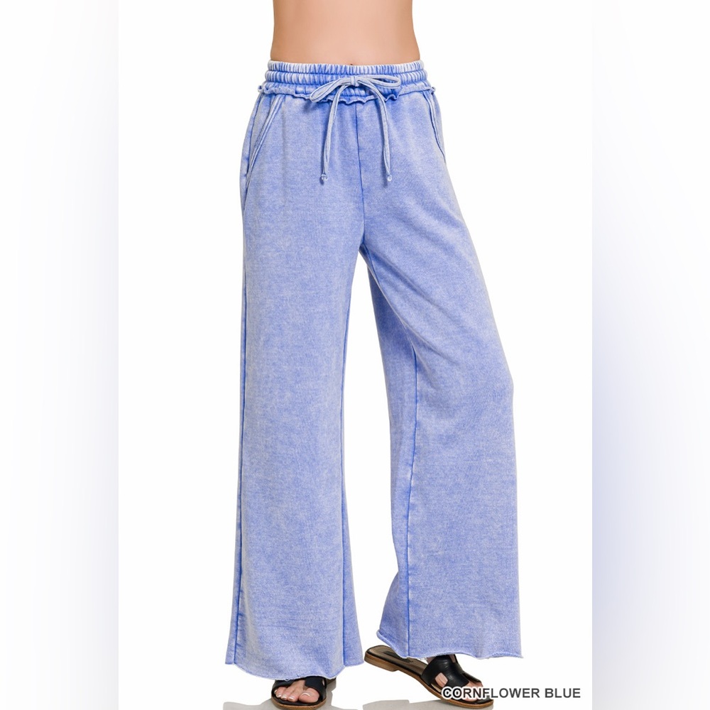Zenana Acid Wash Fleece Palazzo Sweatpants – Cornflower Blue